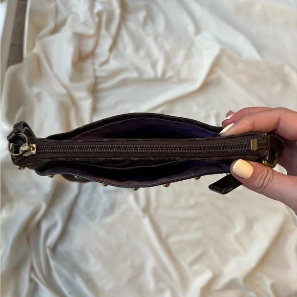 Coach Signature Jacquard Chocolate Brown Studded Crossbody Purse - Picture 8 of 10